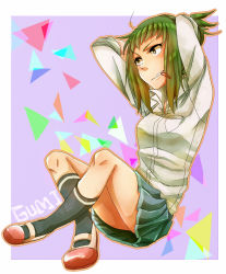 Rule 34 | 1girl, bad id, bad pixiv id, character name, clenched teeth, dress shirt, green eyes, green hair, gumi, hair tie, hair up, highres, indian style, mary janes, matching hair/eyes, pleated skirt, ponytail, shirt, shoes, sidelocks, silversoul1010, sitting, skirt, solo, teeth, tube socks, vocaloid