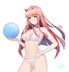 Rule 34 | 1girl, bikini, breasts, darling in the franxx, green eyes, hairband, highres, horns, live (mfwa7572), long hair, medium breasts, oni horns, pink hair, solo, standing, swimsuit, zero two (darling in the franxx)