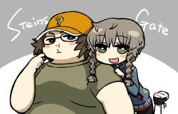Rule 34 | 1boy, 1girl, amane suzuha, baseball cap, bike shorts, blood, blue eyes, blush, braid, brown hair, chan co, fat, father and daughter, glasses, green eyes, green shirt, hair between eyes, hand on another&#039;s shoulder, hashida itaru, hat, jacket, leg up, long sleeves, looking at viewer, nosebleed, obese, open mouth, shirt, shoes, short sleeves, simple background, smile, standing, standing on one leg, steins;gate, track jacket, twin braids