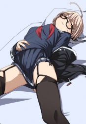 Rule 34 | 1girl, ahoge, artoria pendragon (fate), black-framed eyewear, black thighhighs, blue serafuku, blue shirt, blue skirt, blush, breasts, coat, duffel coat, embarrassed, fate/grand order, fate (series), from above, frown, fu-ta, garter straps, glasses, hand on own stomach, holding, holding clothes, holding skirt, hood, hooded coat, looking at viewer, lying, mysterious heroine x alter (fate), mysterious heroine x alter (first ascension) (fate), on back, on bed, open clothes, open coat, pillow, school uniform, serafuku, shirt, short hair, skirt, skirt tug, solo, spread legs, sweatdrop, thighhighs, yellow eyes