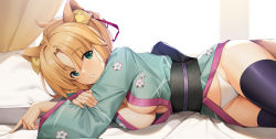Rule 34 | 1girl, animal ear fluff, animal ears, aqua eyes, black thighhighs, blonde hair, breasts, commission, curvy, dog days, floral print, hair ribbon, japanese clothes, kimono, large breasts, lying, mixed-language commentary, on side, open mouth, panties, parted bangs, ribbon, solo, thighhighs, thighs, tony guisado, underwear, white panties, yukata, yukikaze panettone