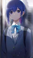 Rule 34 | 1girl, absurdres, asymmetrical bangs, backpack, bad id, bad pixiv id, bag, black bag, blazer, blue bow, blue eyes, blue hair, blurry, blurry background, bow, building, buttons, cable, closed mouth, collared shirt, colored inner hair, commentary request, earphones, eyebrows hidden by hair, film grain, grey background, grey jacket, hair between eyes, highres, jacket, kamitsubaki studio, lapels, looking at viewer, medium hair, multicolored hair, notched lapels, pink hair, ponytail, rim (kamitsubaki studio), shirt, sidelocks, sky, solo, striped, striped bow, sunlight, tirudo29, two-tone background, two-tone hair, upper body, virtual youtuber, white background, white shirt, white sky, yellow pupils