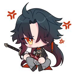 Rule 34 | &gt;:(, 1boy, absurdres, ahoge, anger vein, artist request, bandaged arm, bandaged leg, bandages, bandages over clothes, black coat, black footwear, blade (honkai: star rail), blush stickers, chibi, coat, earrings, frown, grey pants, highres, holding, holding sword, holding weapon, honkai: star rail, honkai (series), jewelry, knees up, long hair, looking at viewer, one eye covered, pants, parted bangs, red eyes, remhydragrove, simple background, sitting, solo, sparkle, sword, v-shaped eyebrows, weapon, white background