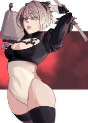 Rule 34 | 1girl, 2b (nier:automata), absurdres, ass, blue eyes, breasts, clothing cutout, feather-trimmed sleeves, highres, huge ass, jobin chan, lingerie, looking at viewer, medium breasts, mole, mole under mouth, nier:automata, nier (series), no blindfold, short hair, simple background, solo, thick thighs, thighhighs, thighs, underwear