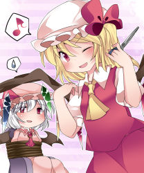 Rule 34 | 2girls, bat wings, blonde hair, blush, bound, commentary request, empty eyes, flandre scarlet, hammer (sunset beach), hat, looking at viewer, md5 mismatch, multiple girls, musical note, one eye closed, open mouth, quaver, red eyes, remilia scarlet, scissors, short hair, siblings, side ponytail, silver hair, sisters, skirt, skirt set, smile, spoken musical note, spoken sweatdrop, sweatdrop, tied up (nonsexual), touhou, wings, wink