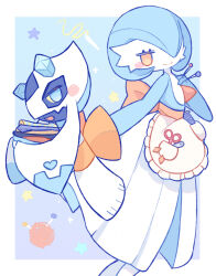 Rule 34 | 1girl, alternate color, apron, back bow, bibi (kano2541293757), blue background, blue eyes, blue skin, blush, blush stickers, border, bow, closed mouth, colored sclera, colored skin, creatures (company), female focus, flat chest, floating, frilled apron, frills, from side, froslass, full body, game freak, gardevoir, gen 3 pokemon, gen 4 pokemon, half-closed eyes, hand on own chest, hand up, happy, heart, highres, holding, holding clothes, jitome, knitting needle, looking at viewer, multicolored skin, needle, nintendo, open mouth, orange bow, orange eyes, outside border, pocket, pokemon, pokemon (creature), profile, sash, scissors, sewing needle, shiny pokemon, smile, sparkle, standing, star (symbol), string, two-tone skin, waist apron, white apron, white border, white skin, yarn, yarn ball, yellow sclera
