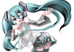 Rule 34 | 1girl, aqua eyes, aqua hair, bra, breasts, cleavage, detached sleeves, front-tie top, hatsune miku, highres, long hair, necktie, one eye closed, open mouth, rin2008, skirt, smile, solo, striped bra, striped clothes, thighhighs, twintails, underwear, very long hair, vocaloid, wink, zettai ryouiki