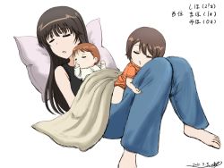 Rule 34 | 10s, 3girls, aged down, artist name, baby, barefoot, black shirt, blanket, blue pants, blunt bangs, brown hair, bukkuri, character name, child, closed eyes, dated, denim, family, full body, girls und panzer, jeans, long hair, lying, mother and daughter, multiple girls, nishizumi maho, nishizumi miho, nishizumi shiho, on back, on stomach, onesie, orange shirt, pants, parted lips, pillow, shirt, short hair, short sleeves, siblings, signature, sisters, sleeping, tank top, thumb sucking, toddler, translated