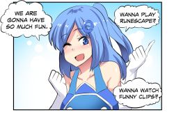 Rule 34 | 1girl, bare shoulders, blue eyes, blue hair, blush, collarbone, comic, elbow gloves, english text, excited, gloves, hair ornament, highres, index finger raised, internet explorer, long hair, one eye closed, open mouth, original, osiimi, personification, smile, solo, speech bubble, upper body