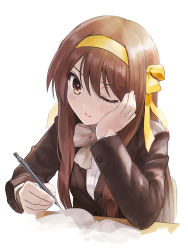 Rule 34 | 1girl, book, bow, bowtie, brown bow, brown bowtie, brown eyes, brown jacket, closed mouth, commentary request, hair between eyes, hair ribbon, hairband, hand on own cheek, hand on own face, highres, holding, holding pen, ishiyuki, jacket, kouyouen academy school uniform, long hair, long sleeves, looking at viewer, official alternate costume, official alternate hair length, official alternate hairstyle, one eye closed, open book, pen, revision, ribbon, school uniform, shirt, simple background, solo, suzumiya haruhi, suzumiya haruhi no shoushitsu, suzumiya haruhi no yuuutsu, white background, white shirt, writing, yellow hairband, yellow ribbon