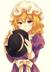 Rule 34 | 1girl, black hat, blonde hair, blush, bow, closed mouth, commentary request, dress, fedora, frilled shirt collar, frills, hat, hat bow, hat ribbon, holding, holding clothes, holding hat, juliet sleeves, kirisita, lips, long sleeves, looking at viewer, maribel hearn, mob cap, one-hour drawing challenge, puffy sleeves, purple dress, purple eyes, ribbon, sash, short hair, simple background, sleeve cuffs, smile, solo, standing, touhou, wavy hair, white background, white bow, white hat, white ribbon, white sash, ||/