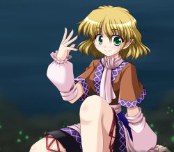 Rule 34 | 1girl, ascot, bad id, bad pixiv id, bare legs, blonde hair, bococho, detached sleeves, eyebrows, female focus, green eyes, knee up, long sleeves, looking at viewer, mizuhashi parsee, pointy ears, puffy sleeves, scarf, smile, solo, tareme, thighs, touhou