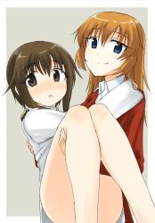 Rule 34 | 2girls, blue eyes, blush, brown eyes, brown hair, carrying, charlotte e. yeager, highres, long hair, looking at viewer, makaze (t-junction), multiple girls, orange hair, princess carry, short hair, smile, strike witches, strike witches: kurenai no majo-tachi, takei junko, world witches series