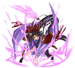 Rule 34 | 1girl, asymmetrical legwear, black eyes, black hair, electricity, full body, holding, holding sword, holding weapon, long hair, long sleeves, looking at viewer, minamoto yorimitsu, official art, open mouth, ribbon-trimmed sleeves, ribbon trim, sandals, simple background, solo, squatting, sword, uneven legwear, very long hair, weapon, white background, wide sleeves, youkai hyakki-tan!