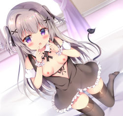 Rule 34 | 1girl, absurdres, azumi kazuki, bare shoulders, bed sheet, black dress, black thighhighs, breasts, breasts out, collar, commentary request, curtains, demon tail, detached collar, detached sleeves, dress, dutch angle, grey hair, hair intakes, hair ornament, hairclip, hands up, highres, indoors, kneeling, looking at viewer, nipples, no shoes, open mouth, original, puffy short sleeves, puffy sleeves, purple eyes, short sleeves, small breasts, soles, solo, tail, thighhighs, tongue, two side up, white collar, white sleeves, window, wing collar, wrist cuffs, x hair ornament