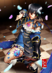 Rule 34 | 1girl, black hair, bloodstained: ritual of the night, blue eyes, breasts, brown hair, detached sleeves, eduardo j. perez m., gauntlets, gradient hair, hair between eyes, hair ornament, highres, horns, looking at viewer, miriam (bloodstained), multicolored hair, pale skin, short hair, solo, stained glass, tattoo