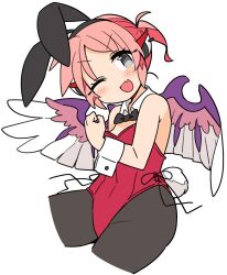 Rule 34 | 1girl, alternate hairstyle, animal ears, bird ears, bird wings, black pantyhose, blush, cowboy shot, cropped legs, earrings, fake animal ears, fake tail, fang, grey eyes, highres, ini (inunabe00), jewelry, leotard, mystia lorelei, one eye closed, open mouth, pantyhose, pink hair, rabbit ears, rabbit tail, red leotard, short hair, simple background, single earring, skin fang, smile, solo, strapless, strapless leotard, tail, touhou, white background, white wings, wings, wrist cuffs