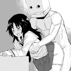Rule 34 | 1boy, 1girl, bag, bag on head, black hair, grabbing another&#039;s breast, breasts, clothed female nude male, clothed sex, clothes lift, girls und panzer, grabbing, greyscale, highres, long hair, mask, monochrome, nude, onsen tamago (hs egg), open mouth, panties, panty pull, paper bag, school uniform, sex, sex from behind, skirt, skirt lift, underwear, uniform, yamagou ayumi