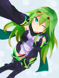 Rule 34 | 1girl, borrowed character, dress, from above, gloves, green eyes, green hair, hair ornament, highres, korigitsune, looking at viewer, looking up, one eye closed, original, reaching, reaching towards viewer, selfie, simple background, smile, solo, thighhighs