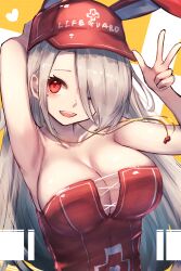 Rule 34 | 1girl, absurdres, animal ears, arm up, armpits, azur lane, bare shoulders, blush, breasts, cleavage, collarbone, commentary request, fake animal ears, grey hair, hair between eyes, hair over one eye, heart, highres, large breasts, long hair, mole, mole under eye, official alternate costume, one-piece swimsuit, one eye closed, open mouth, prinz heinrich (azur lane), prinz heinrich (rabbit on watch) (azur lane), rabbit ears, red eyes, red headwear, red one-piece swimsuit, reizouko, sidelocks, smile, solo, standing, strapless, strapless one-piece swimsuit, swimsuit, teeth, upper body, upper teeth only, v, very long hair, whistle, whistle around neck