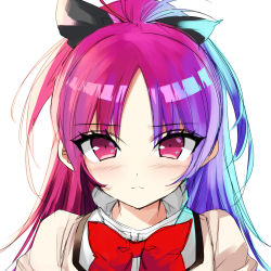 Rule 34 | 1girl, absurdres, bad id, bad pixiv id, black bow, bow, bowtie, gradient hair, hair between eyes, highres, long hair, looking at viewer, mahou shoujo madoka magica, mahou shoujo madoka magica (anime), misteor, multicolored hair, red bow, red bowtie, red eyes, red hair, sakura kyoko, simple background, solo, white background