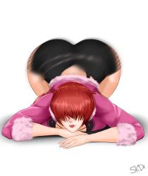 Rule 34 | 1girl, ass, ass shake, bent over, bouncing ass, breast press, breasts, clothes, female focus, hair between eyes, highres, huge ass, jiggle, large breasts, long hair, looking at viewer, motion blur, red hair, shermie (kof), simple background, skd, smile, snk, solo, the king of fighters, top-down bottom-up, twintails, white background