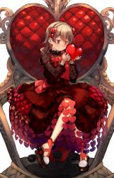 Rule 34 | 1girl, :/, bad id, bad twitter id, bare legs, black nails, blush, brown eyes, chair, commentary, dress, drill hair, earrings, floral print, frilled shirt collar, frills, hairband, hands up, heart, heart earrings, high heels, highres, holding, holding heart, idolmaster, idolmaster cinderella girls, jewelry, knees together feet apart, lace sleeves, light brown hair, long sleeves, looking down, morikubo nono, nail polish, red dress, ringlets, see-through, see-through sleeves, sitting, solo, symbol-only commentary, throne, white background, yoyoyo (dxayo)