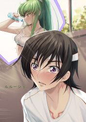 Rule 34 | 1boy, 1girl, absurdres, alternate hairstyle, arm up, black hair, blush, bottle, breasts, budgiepon, c.c., chest tattoo, cleavage, close-up, closed mouth, code geass, collarbone, commentary request, eyelashes, eyes visible through hair, green hair, hetero, highres, holding, holding bottle, indoors, lelouch vi britannia, lips, long hair, looking at another, medium breasts, nose blush, open mouth, ponytail, profile, purple eyes, scar, scar on neck, shirt, short hair, sidelocks, sports bra, straight hair, sweatdrop, tattoo, teeth, thought bubble, translated, upper teeth only, very long hair, water, white shirt, wide-eyed, yellow eyes
