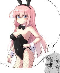 Rule 34 | 1girl, animal ears, black leotard, blue eyes, blush, bocchi the rock!, breasts, cleavage, closed mouth, covered navel, fake animal ears, fake tail, fishnet pantyhose, fishnets, gotoh hitori, kuramoto takato, large breasts, leotard, long hair, pantyhose, pink hair, playboy bunny, rabbit ears, rabbit tail, simple background, solo, sweat, tail, white background