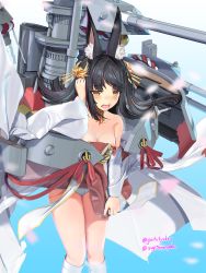 Rule 34 | 1girl, aged up, animal ear fluff, animal ears, areola slip, azur lane, bare shoulders, black hair, breasts, brown eyes, cannon, choker, cleavage, commentary request, detached sleeves, dress, dress tug, fox ears, hair ornament, highres, holding, holding own hair, kneehighs, long hair, nagato (azur lane), open mouth, outdoors, panties, petals, red dress, rigging, short dress, small breasts, socks, solo, strapless, strapless dress, sugita ranpaku, thighs, turret, twitter username, underwear, weapon, white panties, white sleeves, white socks, wind, wind lift
