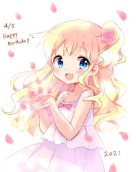 Rule 34 | 1girl, alice cartelet, blonde hair, blue eyes, collarbone, commentary, commentary request, cowboy shot, curly hair, dated, dress, english commentary, english text, falling petals, flower, hair flower, hair ornament, hands up, happy birthday, hara yui, kin-iro mosaic, long hair, looking at viewer, messy hair, mixed-language commentary, official alternate costume, official alternate hair length, official alternate hairstyle, official art, open mouth, petals, raised eyebrows, solo, tareme, white dress