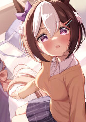 Rule 34 | 1girl, alternate costume, animal ears, bag, bed, blush, breasts, brown hair, commentary request, hair ornament, hairclip, highres, horse ears, horse girl, horse tail, medium breasts, open mouth, purple eyes, saboten mushi, school uniform, sitting, solo, special week (umamusume), tail, umamusume, window