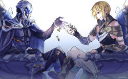 Rule 34 | 2boys, armor, bad id, bad twitter id, black armor, black cape, blonde hair, body armor, boots, bracelet, cape, chess piece, earrings, face-to-face, fate/grand order, fate (series), fingerless gloves, gloves, green eyes, jason (fate), jewelry, male focus, multiple boys, odysseus (fate), short hair, sitting, smile, smirk, vambraces