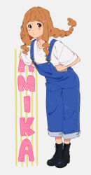 Rule 34 | 1girl, black footwear, blue overalls, blush, boots, braid, character name, hair ornament, hibike! euphonium, kamo kamen, leaning forward, long hair, looking at viewer, nase amika, orange hair, overalls, parted lips, red eyes, shirt, short sleeves, solo, t-shirt, white background, white shirt