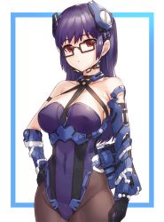 Rule 34 | 1girl, arm at side, arm strap, armlet, armor, armpits, asymmetric gloves, asymmetrical clothes, asymmetrical gloves, bad id, bare shoulders, black-framed eyewear, black gloves, black hair, black pantyhose, blue hair, bodysuit, breasts, choker, cleavage, collarbone, covered navel, cowboy shot, elbow gloves, eyebrows, framed, glasses, gloves, groin, halterneck, hand on own hip, headgear, highleg, highleg leotard, hip focus, kfr, leotard, long hair, looking at viewer, original, pantyhose, parted lips, red eyes, science fiction, sideboob, simple background, skin tight, solo, uneven gloves, white background