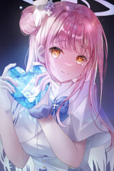 Rule 34 | 1girl, blue archive, breasts, capelet, closed mouth, commentary, doka l, dress, flower, hair bun, hair flower, hair ornament, halo, highres, jewelry, large breasts, long hair, looking at viewer, mika (blue archive), pink hair, pink halo, purple flower, single side bun, smile, solo, symbol-only commentary, upper body, white capelet, white dress, yellow eyes