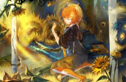 Rule 34 | 1girl, absurdres, blue capelet, blue dress, blue eyes, capelet, chiaspicy, closed mouth, commentary, dress, english commentary, fate/grand order, fate (series), flower, full body, grass, half-closed eyes, highres, looking down, medium hair, orange hair, paintbrush, painting (object), palette (object), red socks, ripples, sitting, socks, solo, starry night (van gogh), sunflower, van gogh (fate), yellow headwear, yokozuwari