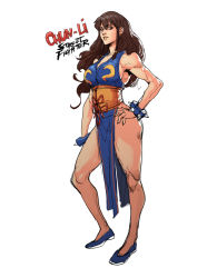 Rule 34 | 1girl, absurdres, alternate color, alternate costume, alternate hairstyle, blue dress, bracelet, braid, capcom, china dress, chinese clothes, chun-li, dress, flats, hicham habchi, highres, jewelry, long hair, maedeup, player 2, solo, spiked bracelet, spikes, street fighter, street fighter v