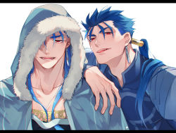 Rule 34 | 2boys, arm on another&#039;s shoulder, armor, blue bodysuit, blue hair, bodysuit, collarbone, cu chulainn (caster) (fate), cu chulainn (fate), cu chulainn (fate/stay night), earrings, fate/grand order, fate/stay night, fate (series), fingernails, fur trim, hair strand, hood, jewelry, letterboxed, long hair, looking at viewer, makina (nikki m7 ), male focus, multiple boys, ponytail, red eyes, shoulder armor, simple background, smile, white background