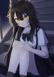 Rule 34 | 1girl, absurdres, ahoge, black bow, black skirt, black socks, blush, bow, bowtie, brown hair, collared shirt, commentary, crossed bangs, fang, feet out of frame, hair between eyes, hand on own knee, highres, karou (lhscck302), knees together feet apart, long hair, looking at viewer, night, original, parted lips, shirt, short sleeves, sidelocks, sitting, sitting on stairs, skin fang, skirt, socks, solo, stairs, thighs, uniform, yellow eyes