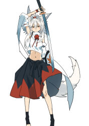 Rule 34 | 1girl, :&lt;, absurdres, animal ears, arm above head, arm up, bare shoulders, black skirt, black socks, blush, closed mouth, commentary request, crop top, cropped shirt, detached sleeves, eyes visible through hair, full body, hair between eyes, hair intakes, highleg, highres, holding, holding sword, holding weapon, inubashiri momiji, kakaricho dairi, linea alba, long hair, looking at viewer, midriff, navel, orange skirt, shirt, skirt, sleeveless, sleeveless shirt, socks, solo, standing, stirrup legwear, sword, tail, toeless legwear, touhou, weapon, white hair, white shirt, white sleeves, white tail