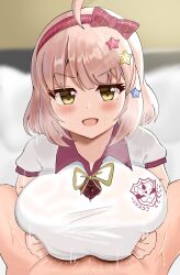 Rule 34 | 1boy, 1girl, absurdres, blush, breasts, breasts squeezed together, chieru (princess connect!), chieru (school festival) (princess connect!), grabbing, grabbing own breast, gym uniform, hair ornament, hairband, hetero, highres, huge breasts, large breasts, looking at viewer, momiji (user hchf8543), motion lines, open mouth, paizuri, paizuri under clothes, pink hair, precum, princess connect!, red hairband, school uniform, short hair, star (symbol), star hair ornament, sweat, uniform, white uniform, yellow eyes