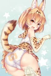Rule 34 | 10s, 1girl, animal ears, ass, bare shoulders, bent over, blonde hair, blush, cameltoe, cat ears, cat tail, elbow gloves, fang, from behind, gloves, japari symbol, kemono friends, looking at viewer, looking back, md5 mismatch, milkshakework, open mouth, panties, pantyshot, print panties, print thighhighs, serval (kemono friends), serval print, serval tail, shirt, shoes, short hair, skirt, sleeveless, smile, solo, tail, thighhighs, trefoil, underwear, white panties, yellow eyes