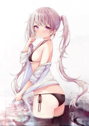 Rule 34 | 1girl, absurdres, ass, bad id, bad pixiv id, bare shoulders, bikini, black bikini, blush, breasts, butt crack, closed mouth, commentary request, fusuma (ramunezake), grey hair, highres, long hair, looking at viewer, looking to the side, medium breasts, off shoulder, open clothes, open shirt, original, purple eyes, reflection, shirt, side-tie bikini bottom, solo, standing, swimsuit, twintails, very long hair, wading, water, white background, white shirt