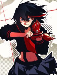 Rule 34 | 1girl, absurdres, black hair, blue eyes, blue shirt, blue skirt, clenched hands, closed mouth, floating clothes, floating hair, gloves, hair between eyes, halftone, halftone background, hands up, highres, injury, isaacchief300, jpeg artifacts, kamui (kill la kill), kill la kill, life fiber, living clothes, matoi ryuuko, medium hair, midriff, multicolored hair, navel, neckerchief, outline, red gloves, red hair, red neckerchief, sailor collar, school uniform, serafuku, shirt, single glove, skirt, sleeves rolled up, solo, standing, stomach, straight-on, streaked hair, suspenders, tongue, tongue out, two-tone hair, v-shaped eyebrows, white background, white outline