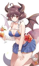 Rule 34 | 1girl, ahoge, bad id, bad pixiv id, bandaged arm, bandages, bare arms, bare shoulders, bikini, bikini top only, blue bikini, blue skirt, breasts, brown hair, choker, cleavage, cocktail glass, collarbone, cup, dragon girl, dragon horns, dragon tail, dragon wings, drinking glass, drinking straw, flower, grea (shingeki no bahamut), groin, hibiscus, highres, holding, holding cup, horns, large breasts, leg up, mid (gameshe), miniskirt, navel, parted lips, pleated skirt, pointy ears, red eyes, red flower, ribbon, ribbon choker, sandals, shingeki no bahamut, short hair, sidelocks, skirt, solo, stomach, swimsuit, tail, thighs, tropical drink, white background, white ribbon, wine glass, wings