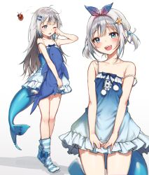Rule 34 | 1girl, alternate costume, blue bow, blue dress, blue eyes, blue hair, blue pajamas, blue socks, bow, bow legwear, collarbone, commentary, dress, ebi-chan (gawr gura), english commentary, female focus, fins, fish hair ornament, fish tail, full body, gawr gura, grey hair, hair bobbles, hair ornament, hair ribbon, hairband, highres, hololive, hololive english, long hair, looking at viewer, multicolored hair, multiple views, one eye closed, open mouth, pajamas, pom pom (clothes), revision, ribbon, rubbing eyes, shark girl, shark tail, sharp teeth, simple background, sleeveless, sleeveless dress, smile, socks, standing, star (symbol), star hair ornament, strap slip, streaked hair, striped clothes, striped socks, stuffed animal, stuffed shark, stuffed toy, tail, teeth, tenchi mayo, twintails, upper teeth only, virtual youtuber, white background
