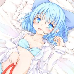Rule 34 | 1girl, aqua bra, aqua panties, blue bow, blue eyes, blue hair, blush, bow, bra, cirno, collarbone, collared shirt, commentary request, d:, eyelashes, fang, flat chest, frilled bra, frilled panties, frills, hair bow, hand on own stomach, hand up, hip focus, holding, holding ribbon, light blush, long sleeves, looking at viewer, lying, midriff, navel, neko mata, on back, on bed, open clothes, open mouth, open shirt, panties, pillow, red ribbon, ribbon, shirt, short hair, sleeve cuffs, solo, stomach, strapless, strapless bra, tareme, teeth, tongue, touhou, underwear, upper body, upper teeth only, white shirt