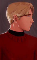 Rule 34 | 1boy, brown hair, drawfag, highres, johan liebert, looking to the side, male focus, monster (manga), profile, red sweater, simple background, solo, sweater, upper body