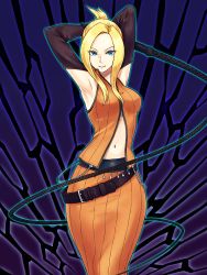 Rule 34 | 1990s (style), 1girl, akashingo (rotampel), armpits, arms behind head, bad id, bad pixiv id, belt, blonde hair, blue eyes, breasts, chain, elbow gloves, final fantasy, final fantasy viii, gloves, looking at viewer, medium breasts, multicolored background, navel, quistis trepe, retro artstyle, solo, whip, zipper